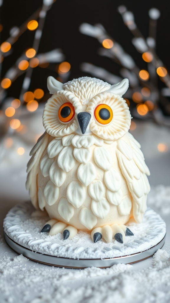 A beautifully crafted snowy owl cake with fluffy white frosting and bright orange eyes.
