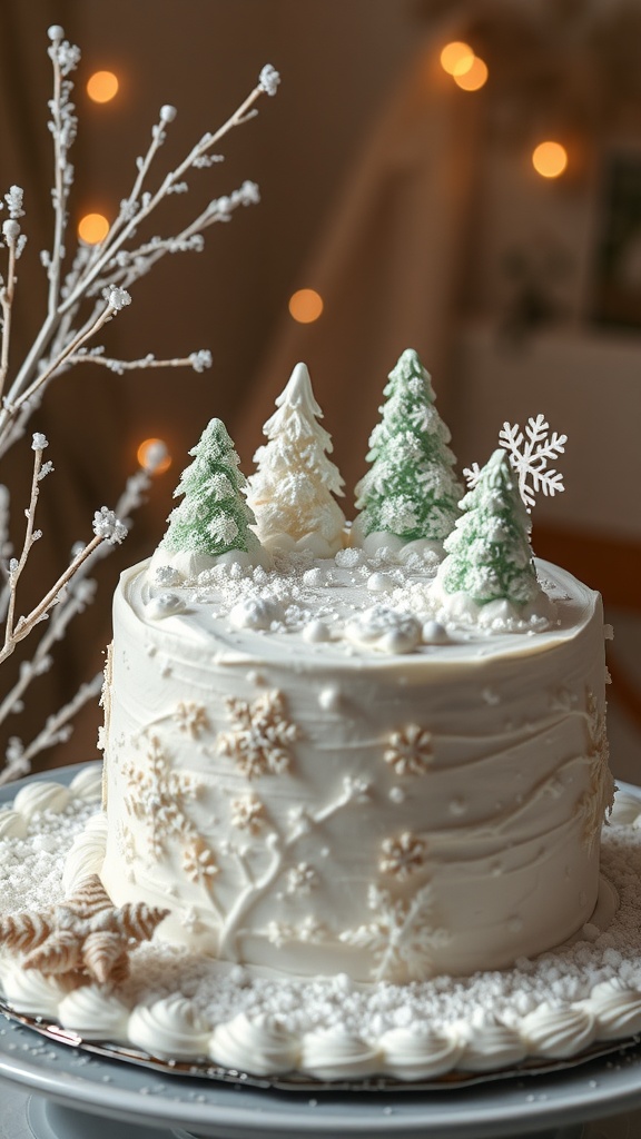 A beautifully decorated snowy wonderland cake with white frosting, sugar snowflakes, and miniature trees.