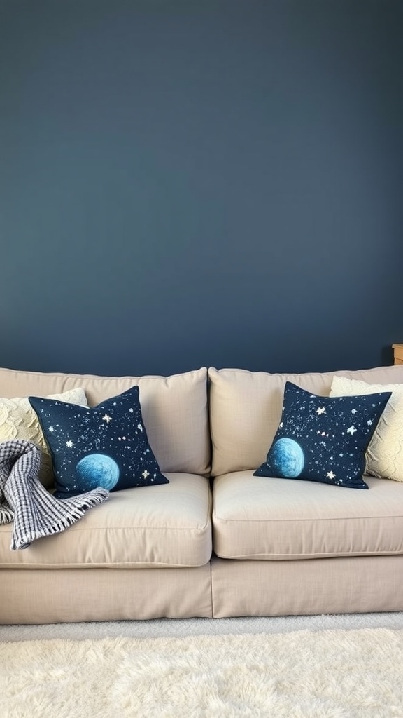 A cozy sofa with celestial-themed pillows and a soft blanket, set against a deep blue wall.