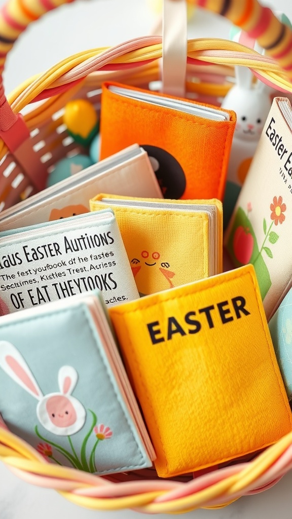 A colorful Easter basket filled with soft books for toddlers.