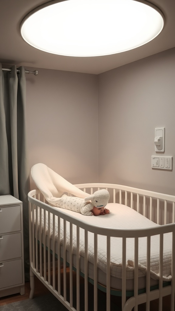 A modern nursery with soft lighting and a baby crib