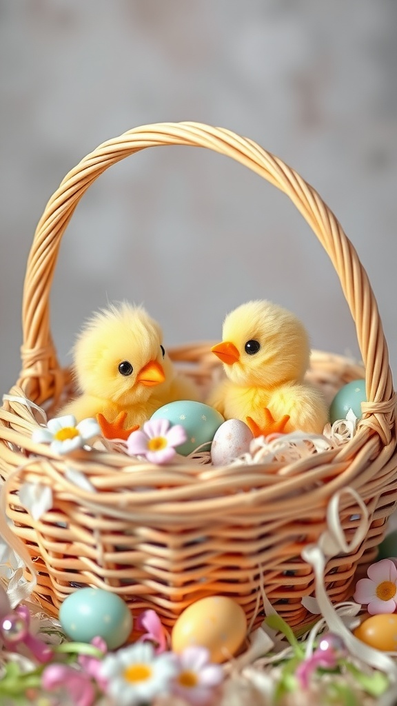 A woven basket filled with colorful Easter eggs and soft toy chicks.