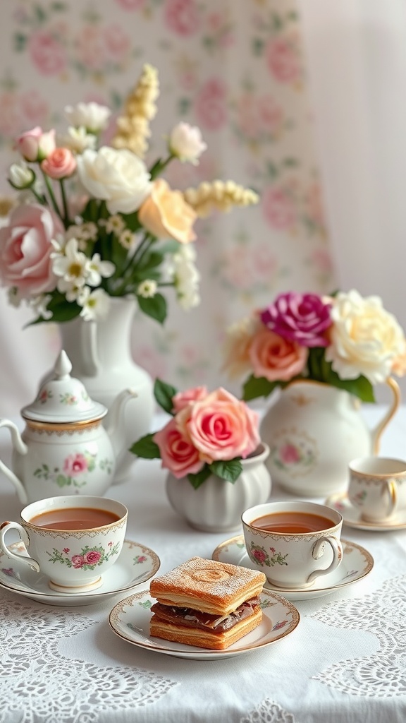 A beautifully arranged tea party setting with floral decorations, tea cups, and a sweet treat.