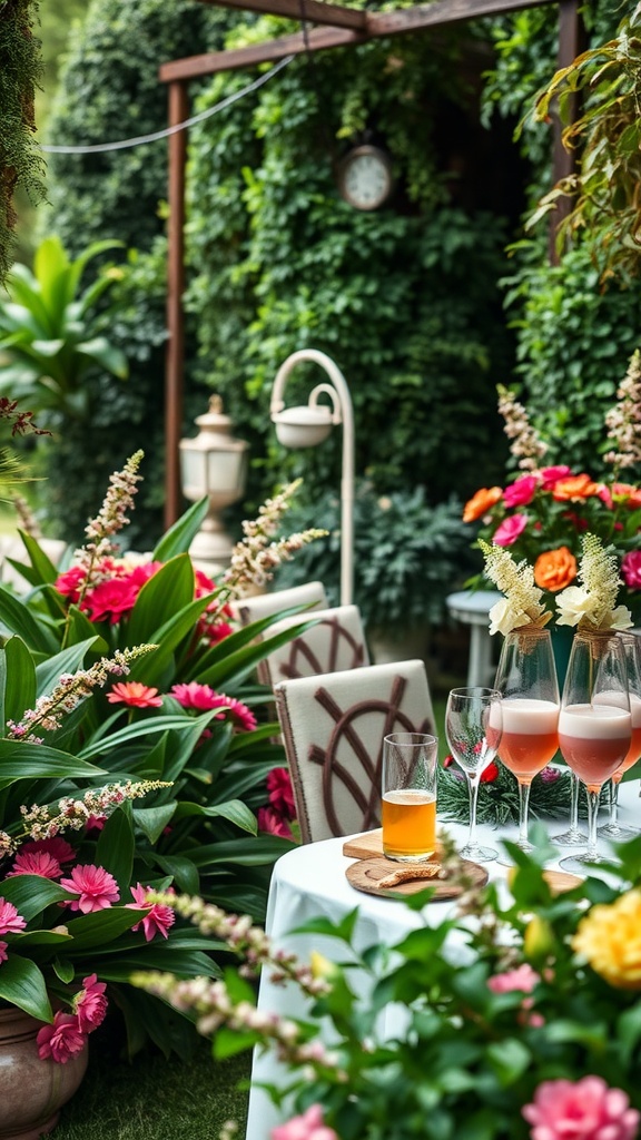 A beautifully set table in a garden with vibrant flowers and drinks for a baby shower.