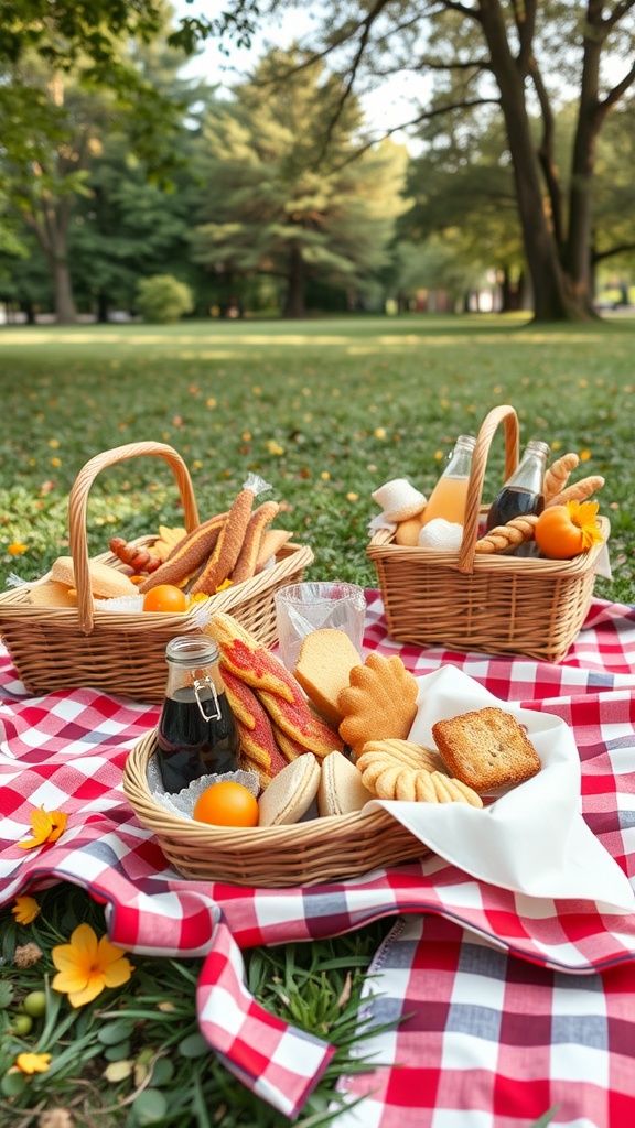 A picnic setup with baskets of snacks on a checkered blanket in a park