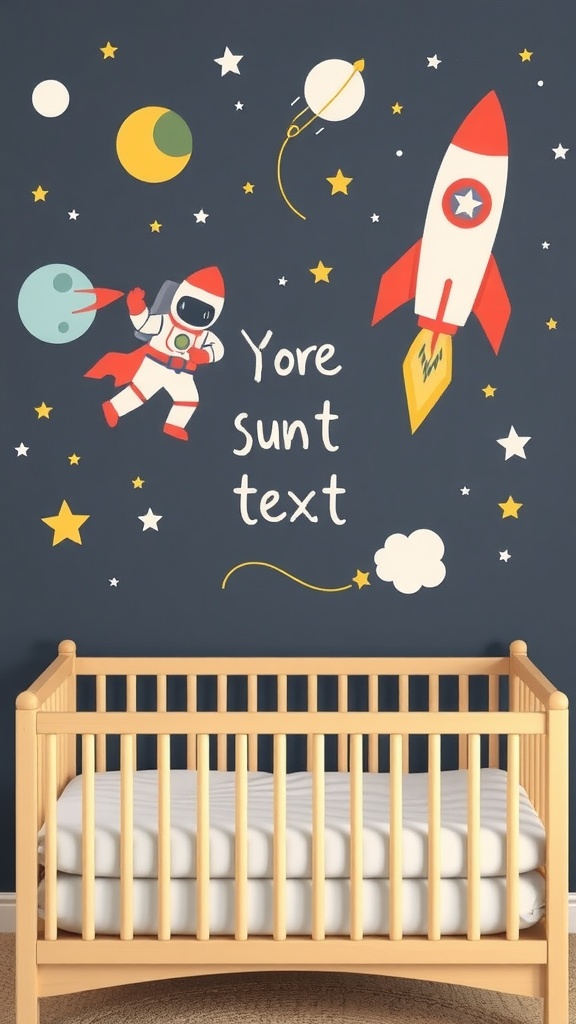 Colorful space-themed wall art featuring an astronaut, a rocket, and celestial elements.