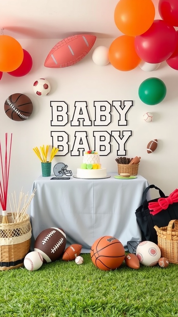 A vibrant sports-themed baby shower setup with balloons, sports balls, and a cake, featuring the words 'BABY BABY'.