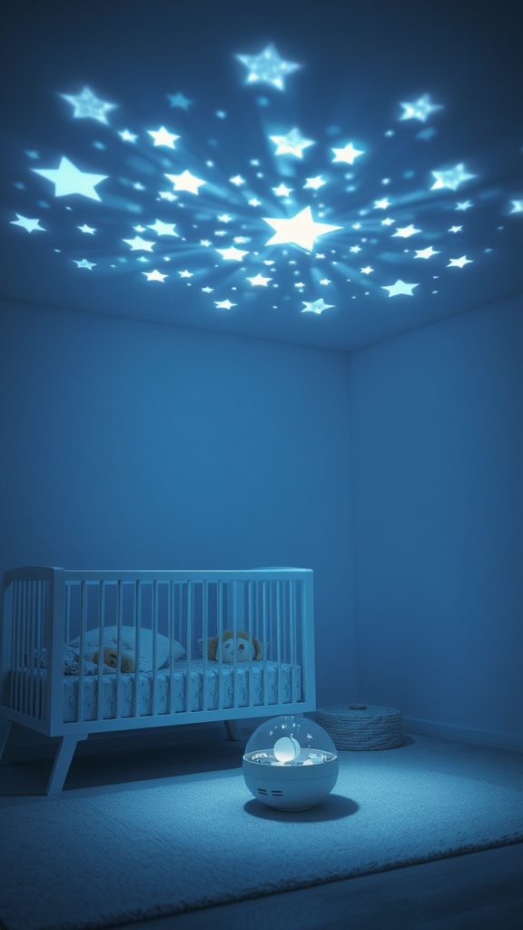 A starlight projector illuminating a nursery with star patterns on the ceiling.