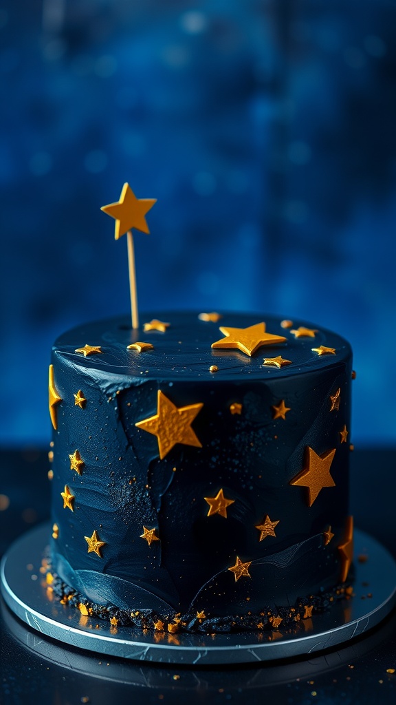 A cake decorated with dark blue frosting and golden star accents