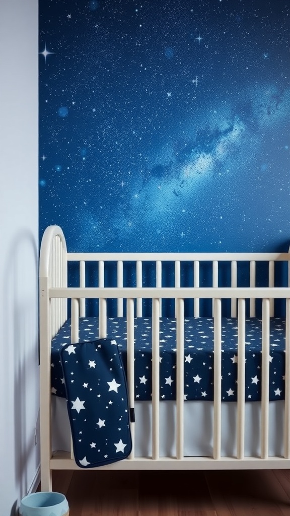A crib with a starry night crib sheet and a cosmic wall mural in a nursery.