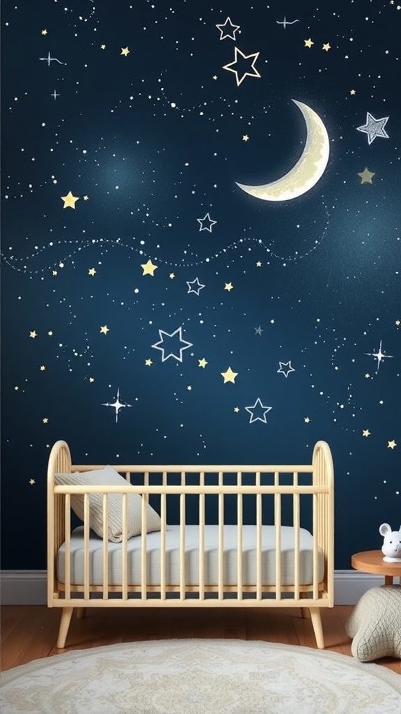 A nursery with a starry night wall mural, featuring stars and a moon, with a wooden crib and cozy decor.