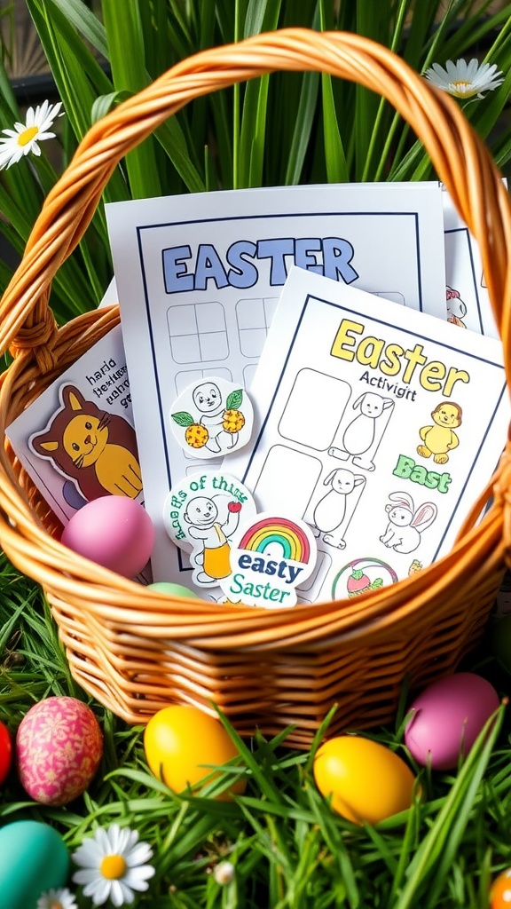 An Easter basket filled with colorful stickers and activity sheets.