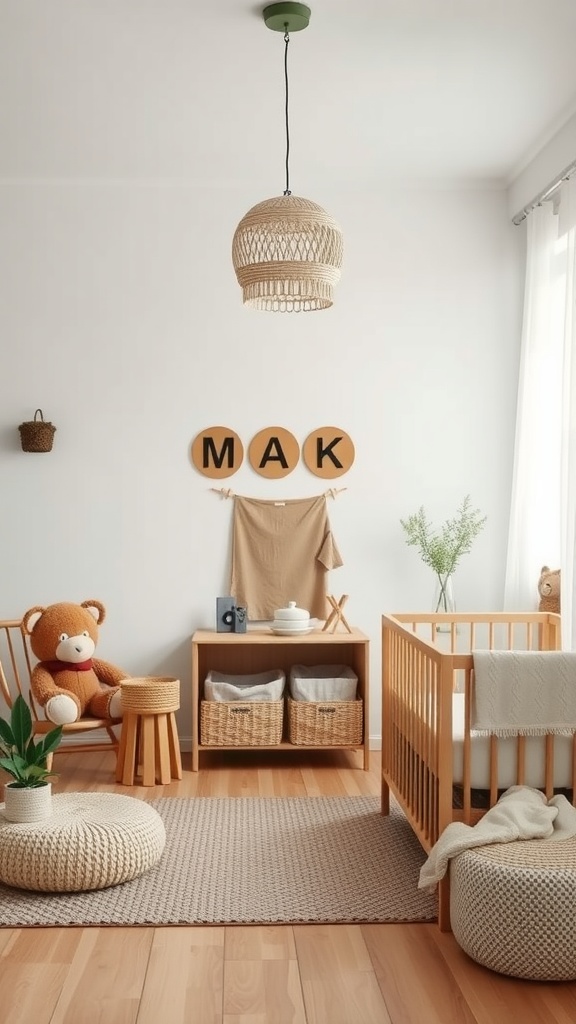 A modern gender-neutral nursery featuring sustainable materials like bamboo furniture and natural fibers.
