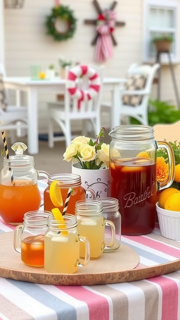 A table with sweet tea and lemonade in mason jars, surrounded by flowers and a cheerful outdoor setting.