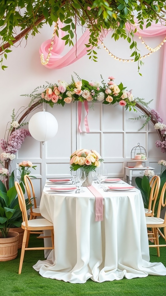 A beautifully decorated table for a garden party baby shower with flowers, soft colors, and a cozy setting.