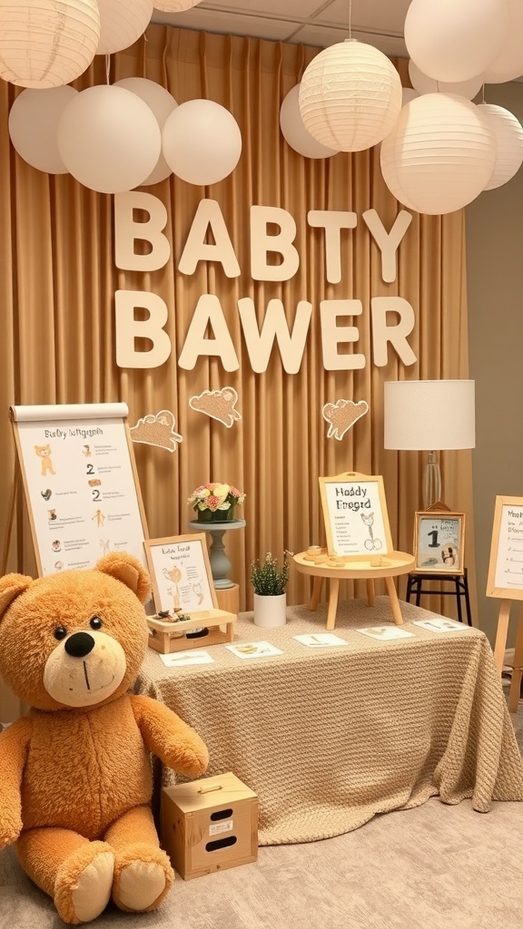 A cozy teddy bear-themed baby shower setup with decorations and a large teddy bear.