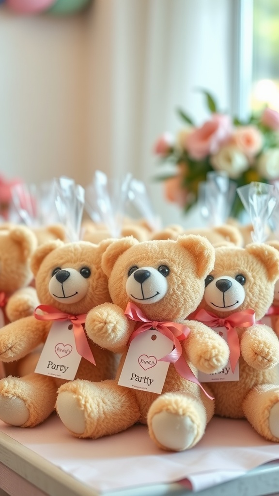 Teddy bear party favors on a table with pink ribbons and tags.