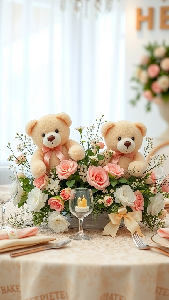 Teddy bear centerpieces with flowers for a baby shower