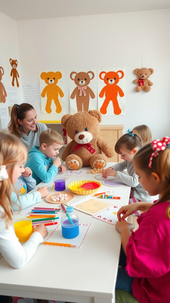 Children crafting teddy bear decorations during a baby shower activity.