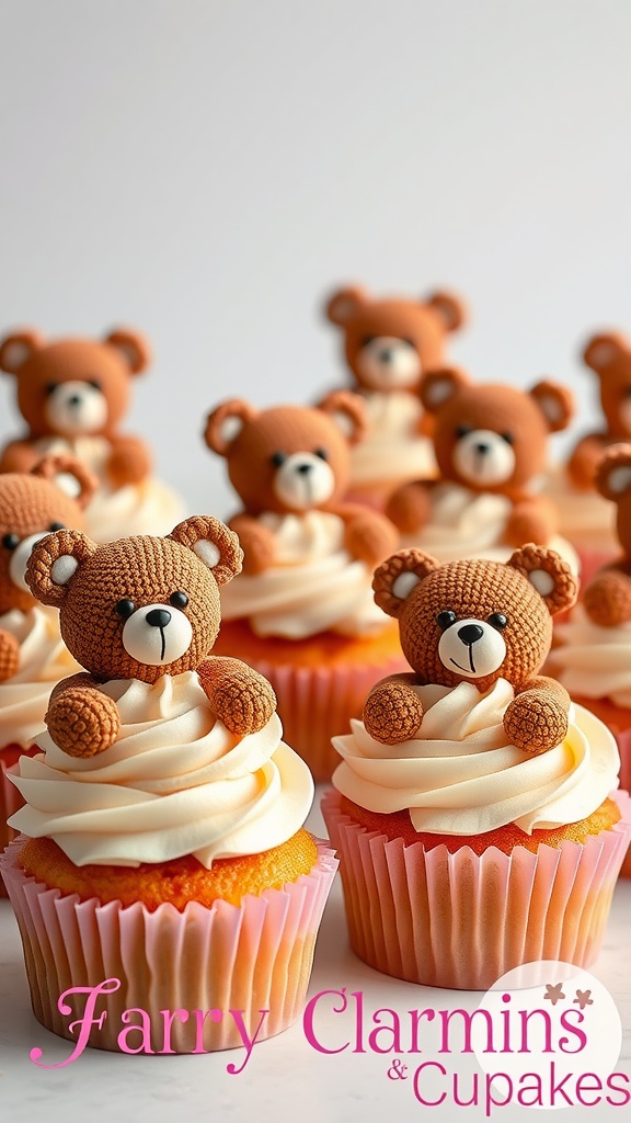 Cupcakes decorated with teddy bear toppers and cream frosting.