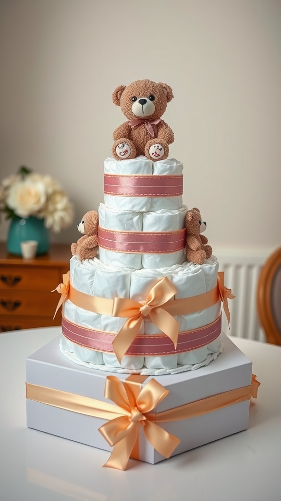 A tiered diaper cake decorated with teddy bears and ribbons, perfect for a baby shower.