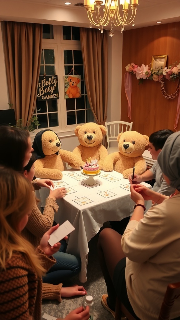 Guests enjoying teddy bear-themed games at a baby shower.