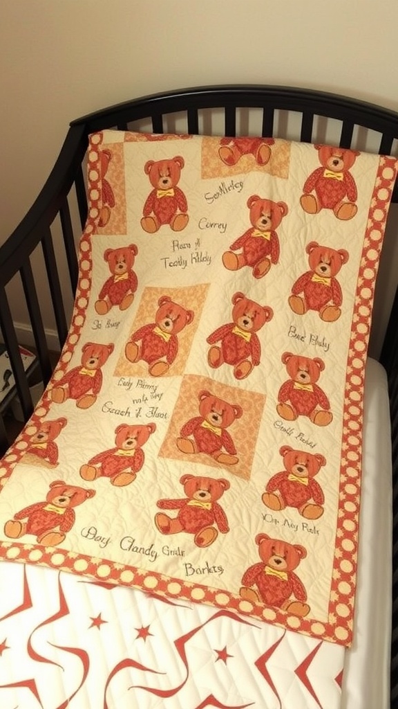 A teddy bear quilt with cute bear patterns on a crib