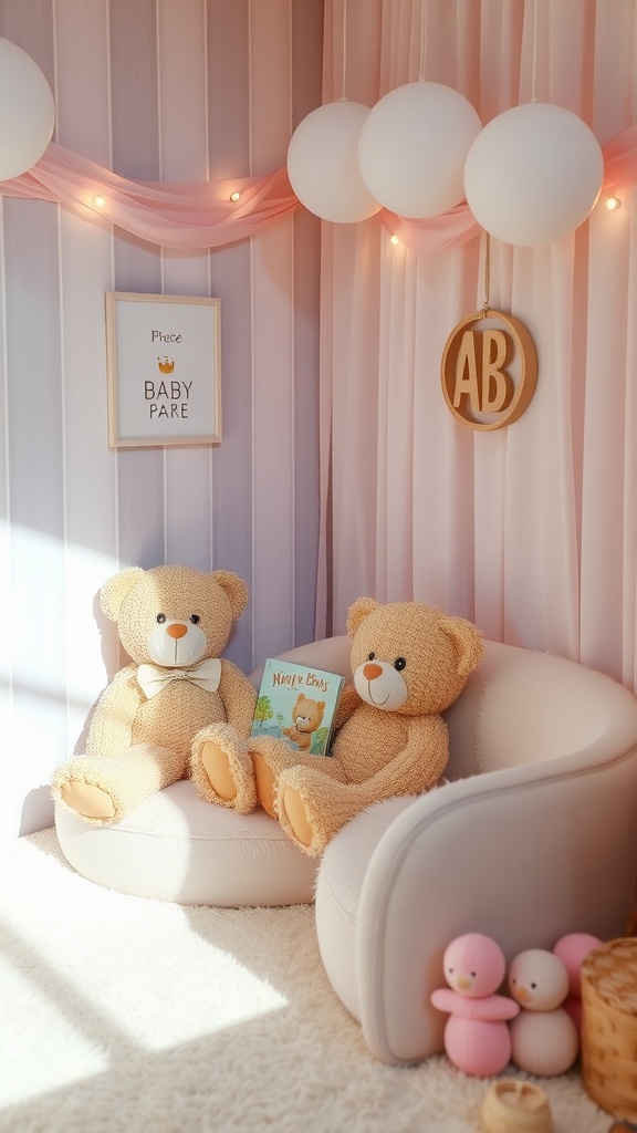 A cozy corner with teddy bears, a book, and soft decor for a baby shower.