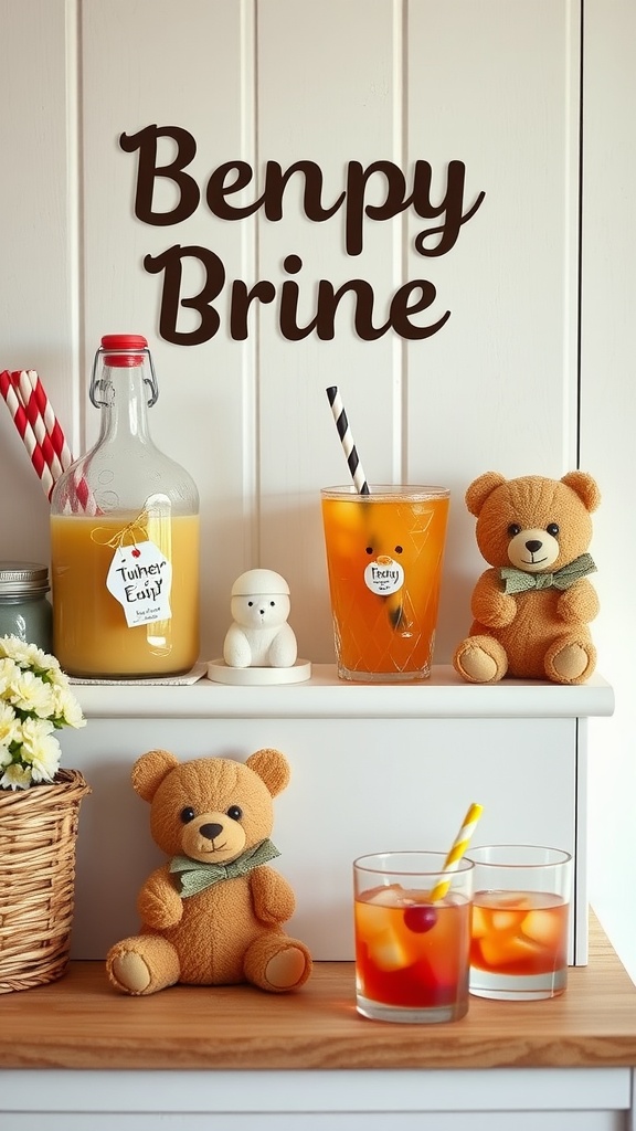 Teddy bear themed drinks station with various drinks and decorations.