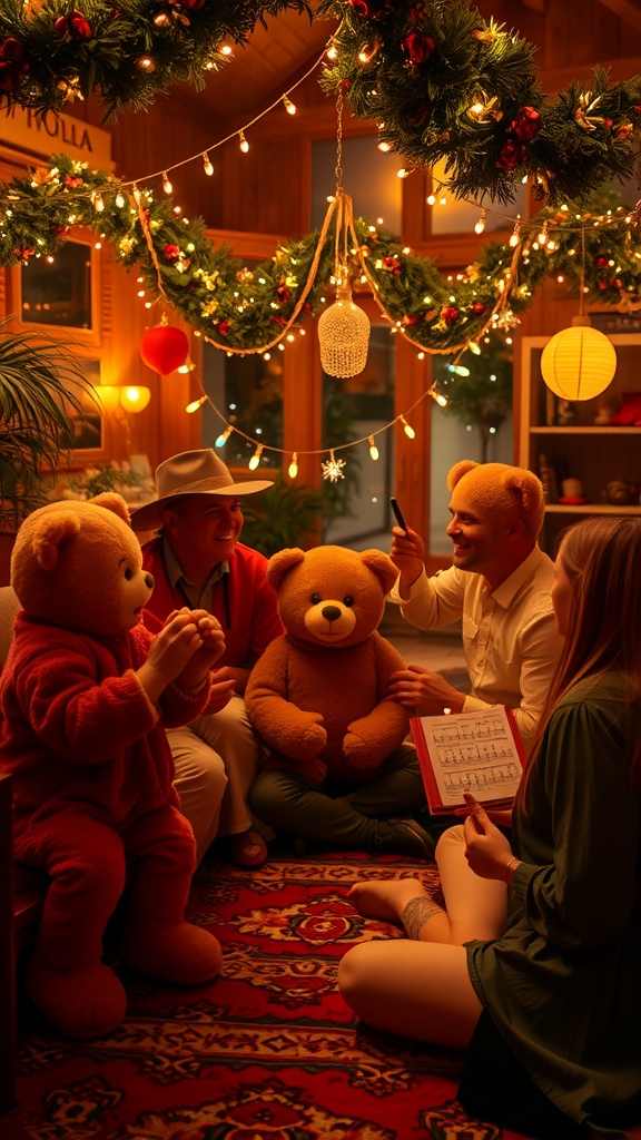 A group of people enjoying a teddy bear themed gathering with decorations and music sheets.