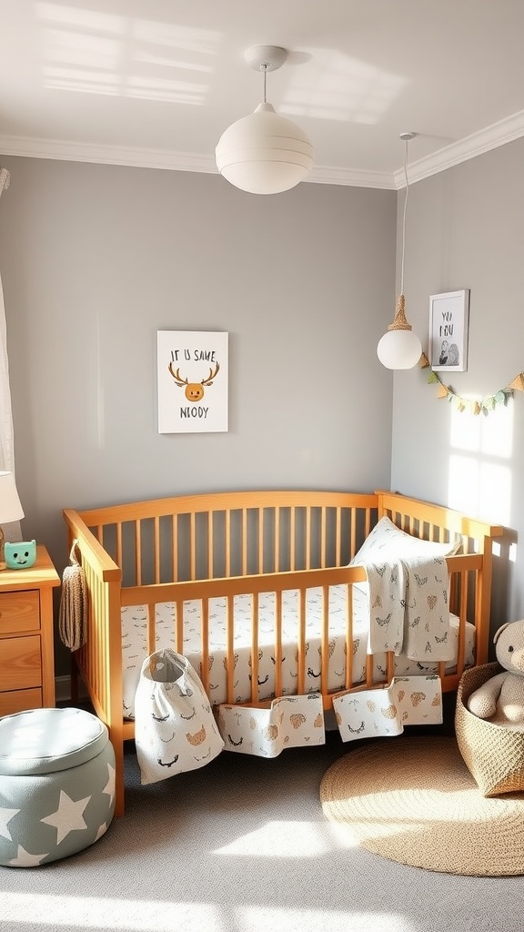 Modern gender-neutral nursery with an orange crib and patterned bedding.