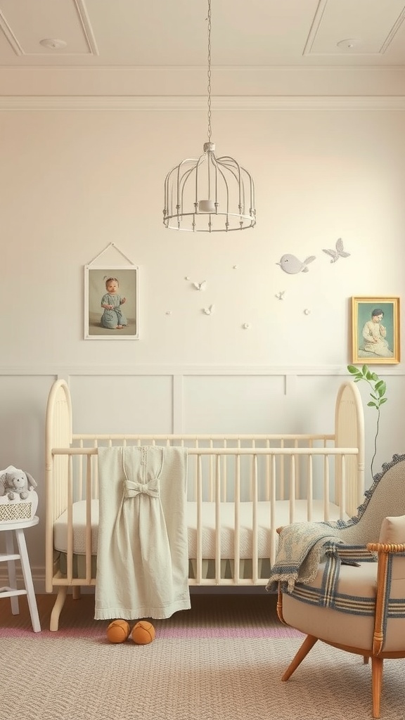 A vintage nursery with a crib, soft colors, and classic decor.