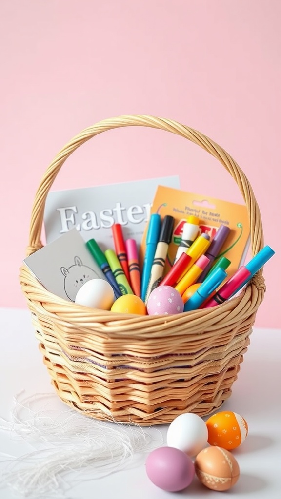 An Easter basket filled with colorful art supplies, including markers, crayons, and decorated plastic eggs.