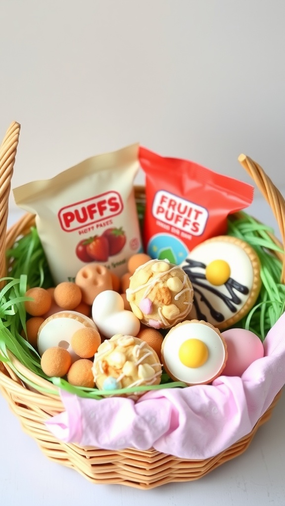 A vibrant Easter basket filled with toddler-safe snacks, including fruit puffs and colorful treats.