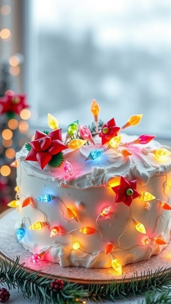 A beautifully decorated cake with colorful lights and festive flowers, set against a cozy background.