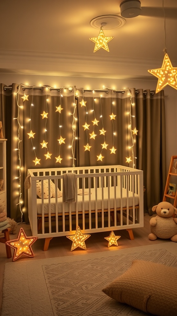 A cozy nursery with twinkling star string lights illuminating a crib and soft toys.