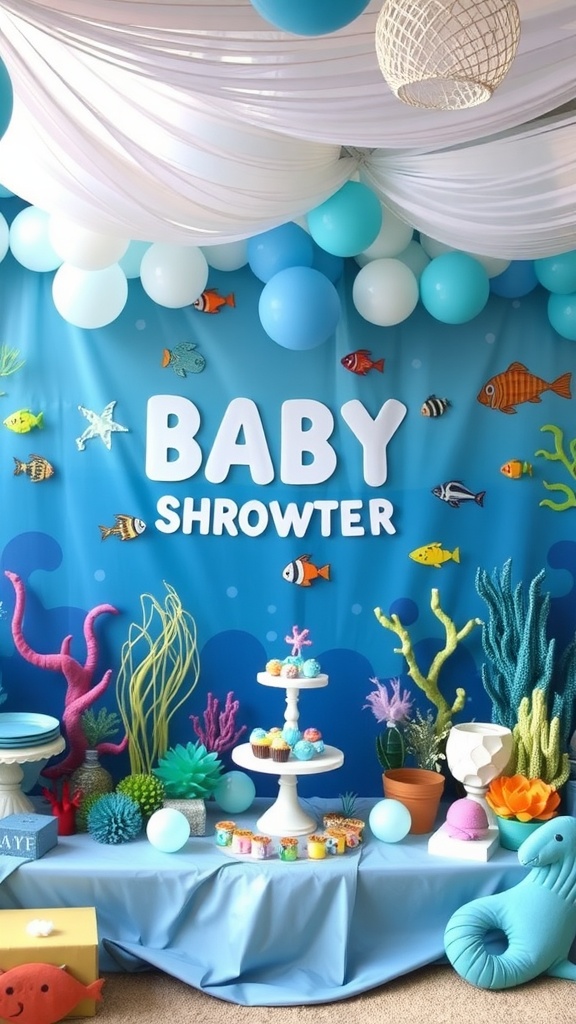 A vibrant under the sea-themed baby shower setup with decorations including fish, coral, and a dessert table.