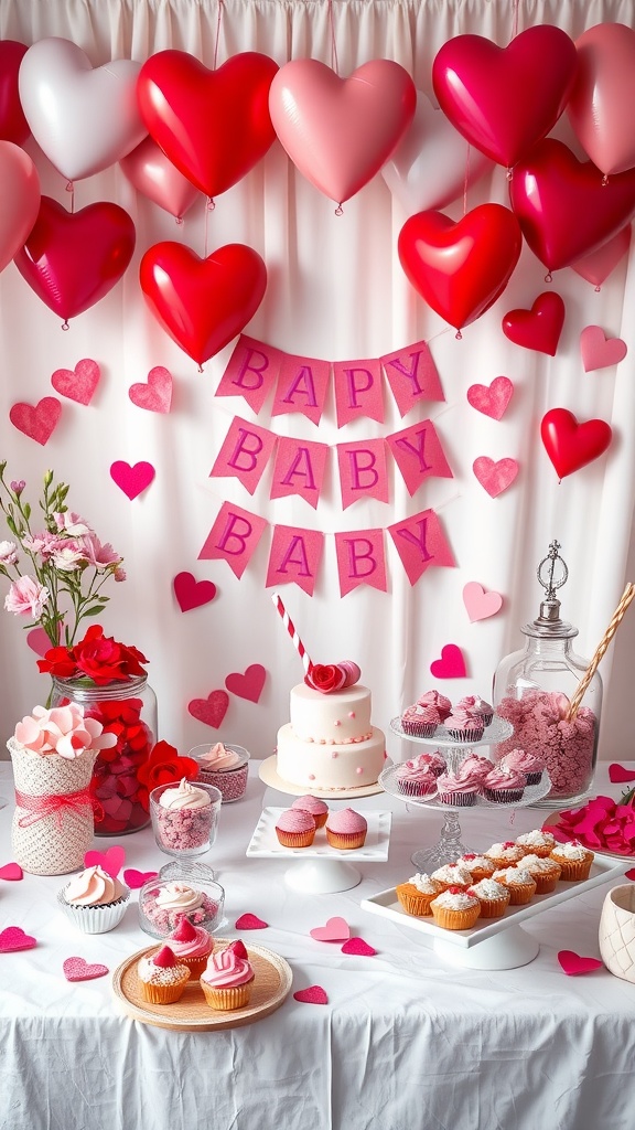 A festive baby shower setup with red and pink decorations, heart-shaped balloons, and delicious treats.