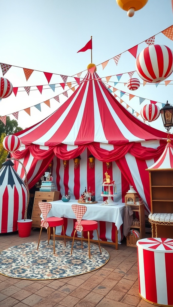 A vibrant vintage circus setup with red and white striped tents, colorful decorations, and a festive atmosphere.