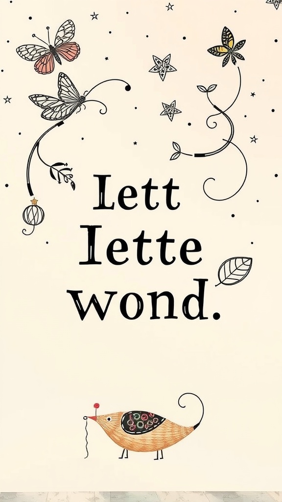 A vintage inspired wall art featuring butterflies, stars, and a whimsical mouse with the phrase 'Lett Iette wond'.