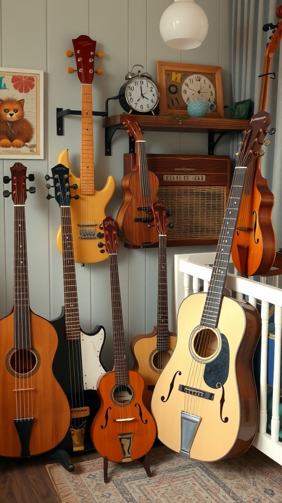 A collection of vintage musical instruments displayed in a nursery setting.