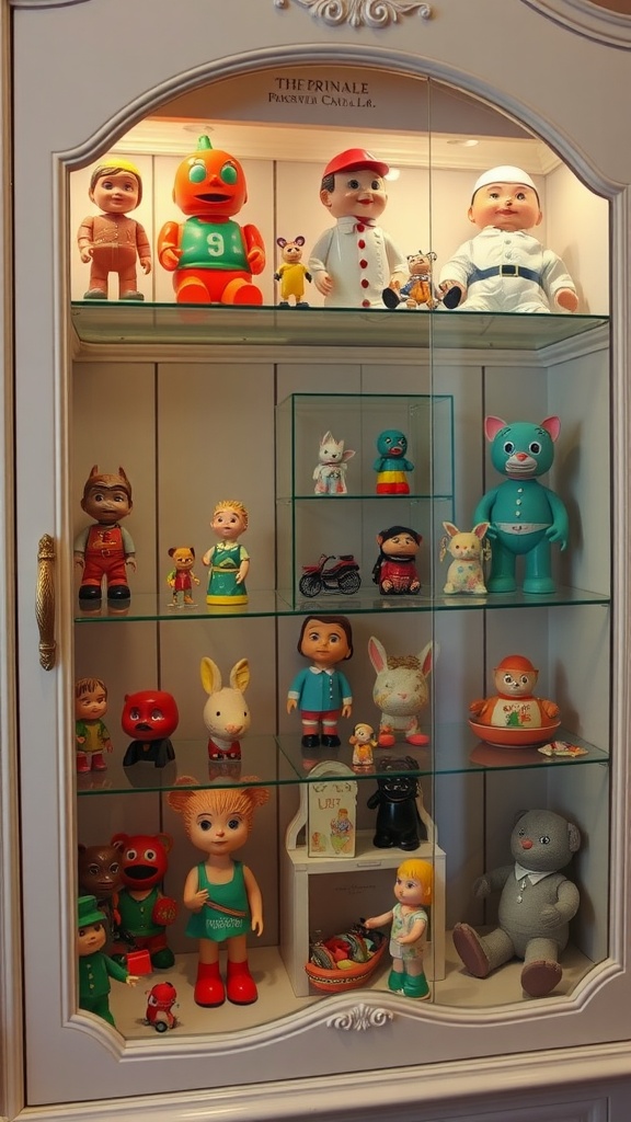 A collection of vintage toys displayed in a glass cabinet.