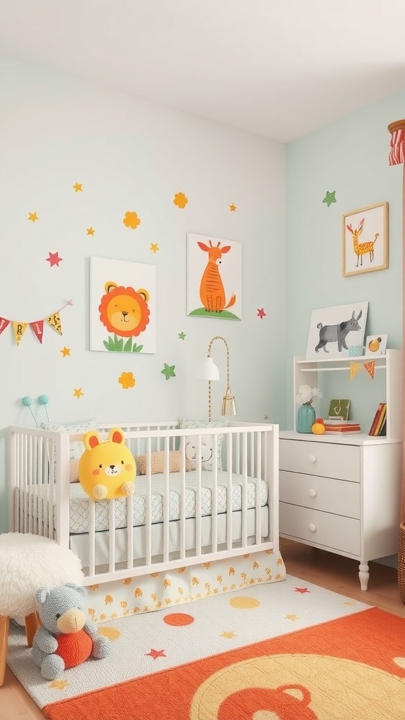 Colorful nursery with whimsical animal art on the walls, including a lion and a deer.
