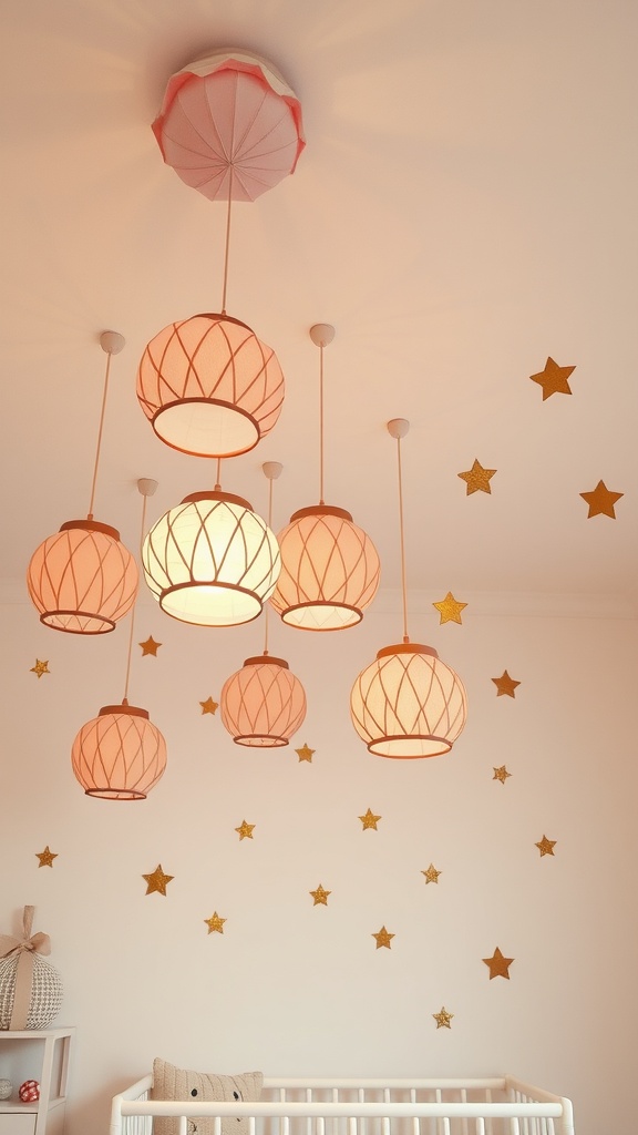 Colorful lanterns hanging from the ceiling in a nursery, surrounded by golden star decorations.