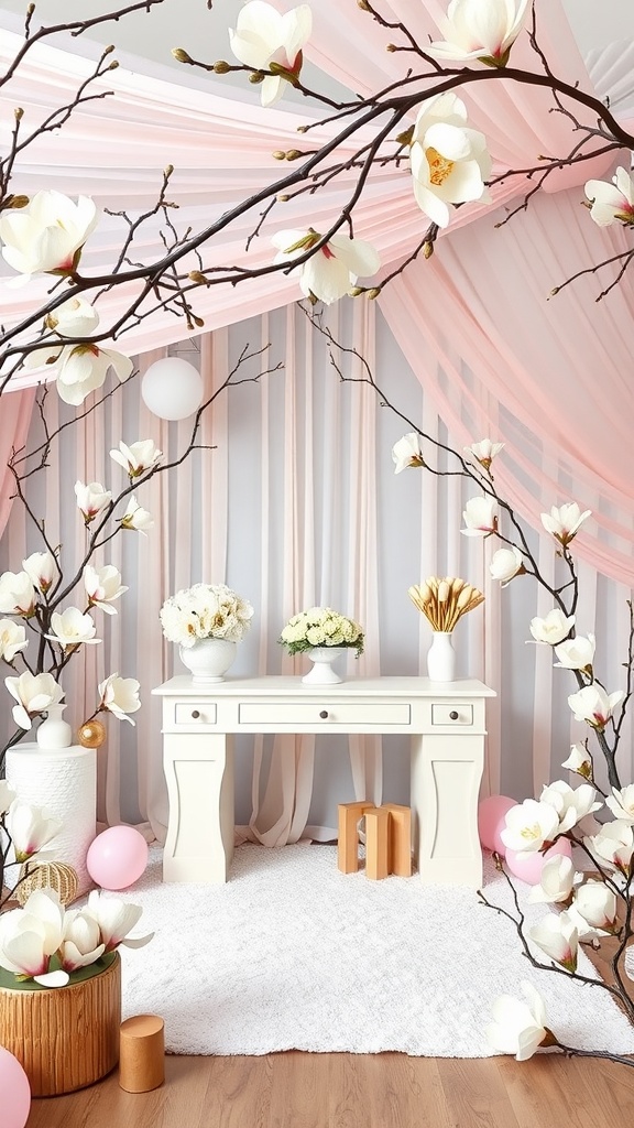 A beautifully decorated space featuring magnolia flowers and soft pink drapes for a baby shower.