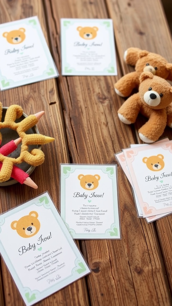 Cute teddy bear themed baby shower invitations on a wooden table