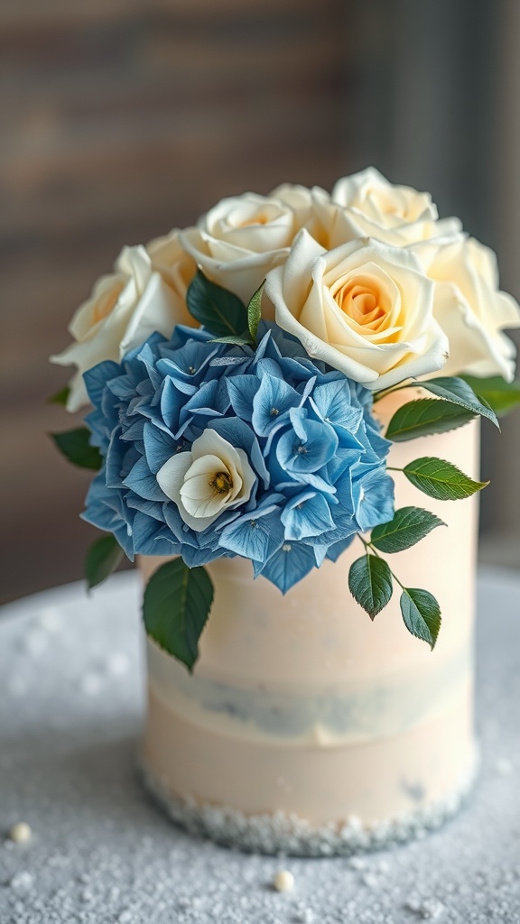 A beautifully decorated winter floral cake with pale yellow roses and blue hydrangeas on top.