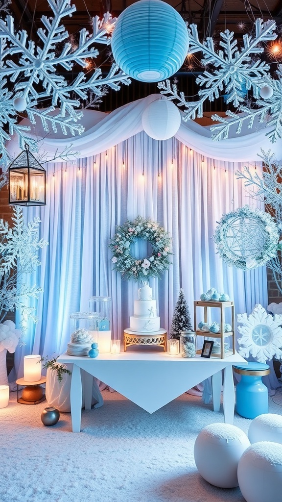 A beautifully decorated Winter Wonderland baby shower setup with snowy and blue decor.
