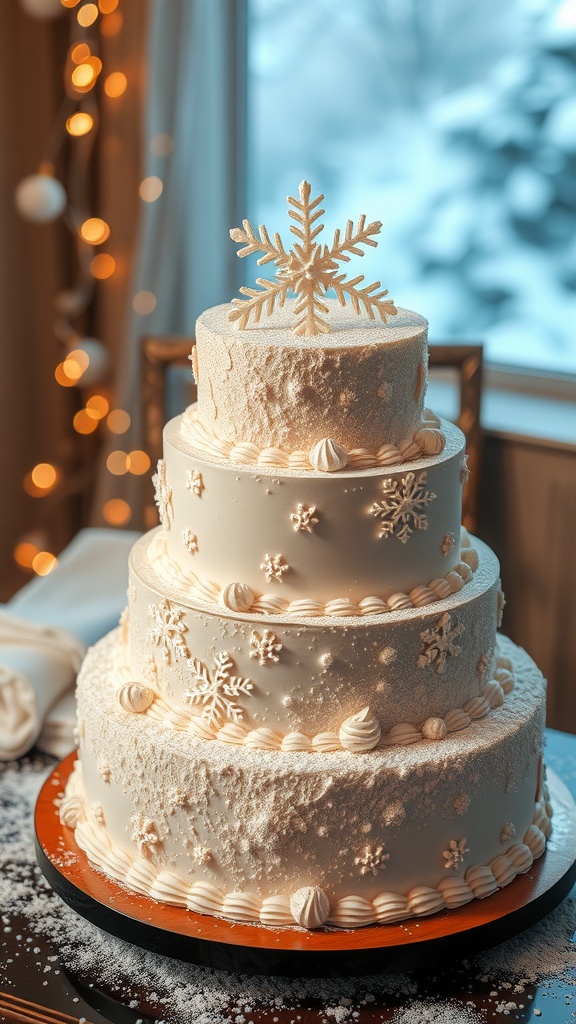 A beautifully decorated winter wonderland tiered cake with snowflake designs.