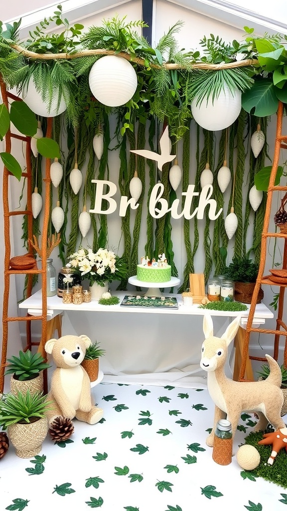 A cozy woodland themed baby shower setup with plush animals, greenery, and decorative elements.